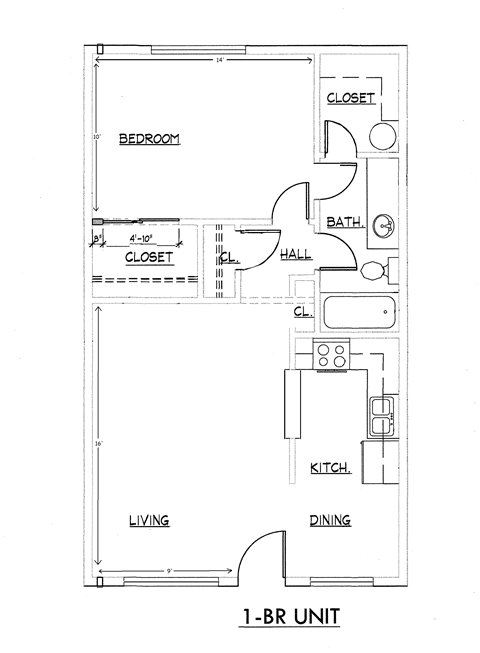 Floor plan for 1 bed, 1 bath, 627 sqft